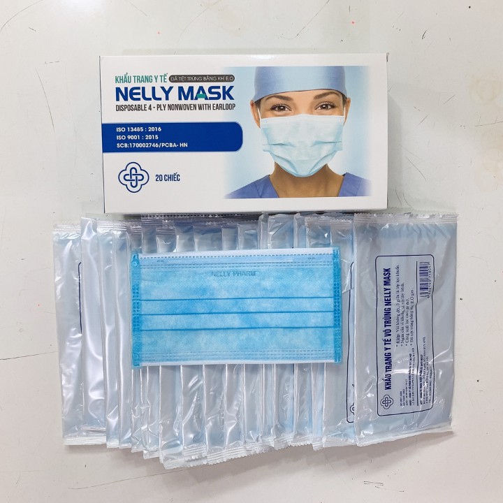 Khẩu Trang Y Tế Giấy Kháng Khuẩn 4 Lớp NELLY MASK Màu Xanh - Khẩu Trang Kháng Khuẩn Tiệt Trùng Bằng Khí E.O