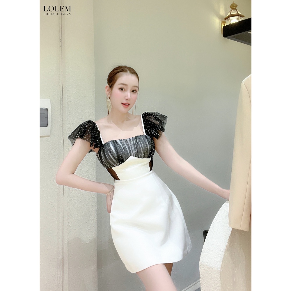 Đầm chữ A LOLEM DX327 cổ vuông tay phối lưới vải linen Thái mềm nhẹ thoáng mát