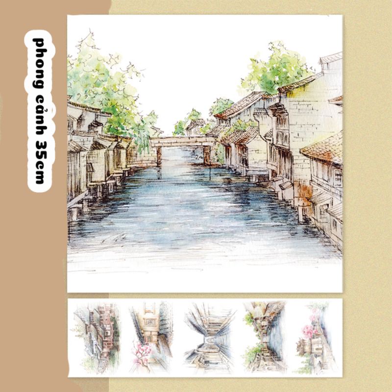 Hình dán chu kỳ 35cm washi phong cảnh cổ xưa và hiện đại Ceniee