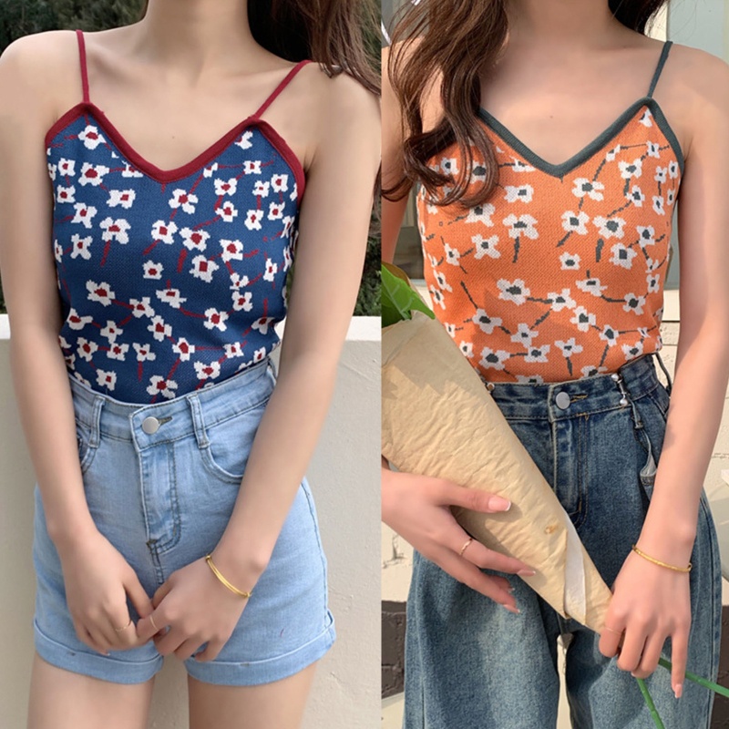 Áo Dệt Kim Hai Dây Cổ Chữ V Họa Tiết Hoa Nhiều Màu Sắc Thời Trang Mùa Hè Cho Nữ