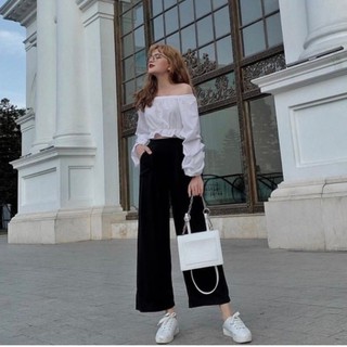 SET ÁO CROPTOP TRỄ VAI TAY BỒNG + QUẦN ỐNG RỘNG ĐEN ULZZANG | MÃ A42