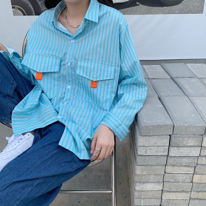 SUXI Áo Sơ Mi Nữ Dài Tay Dáng Rộng Kẻ Sọc Kiểu Retro Mới