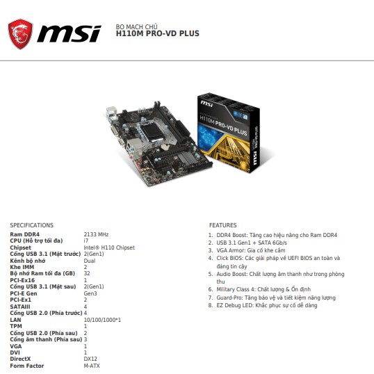 Bo mạch chủ MSI H110M PRO-VD plus - Sản phẩm chính hãng bảo hành 36 tháng | BigBuy360 - bigbuy360.vn