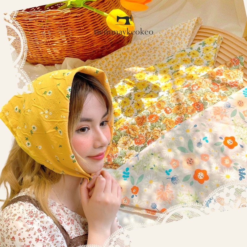 Khăn vải badana turban TIEMMAYKEOKEO tone vàng nắng chất liệu thô cotton mềm họa tiết hoa nhí vintage 50x50cm cho nữ