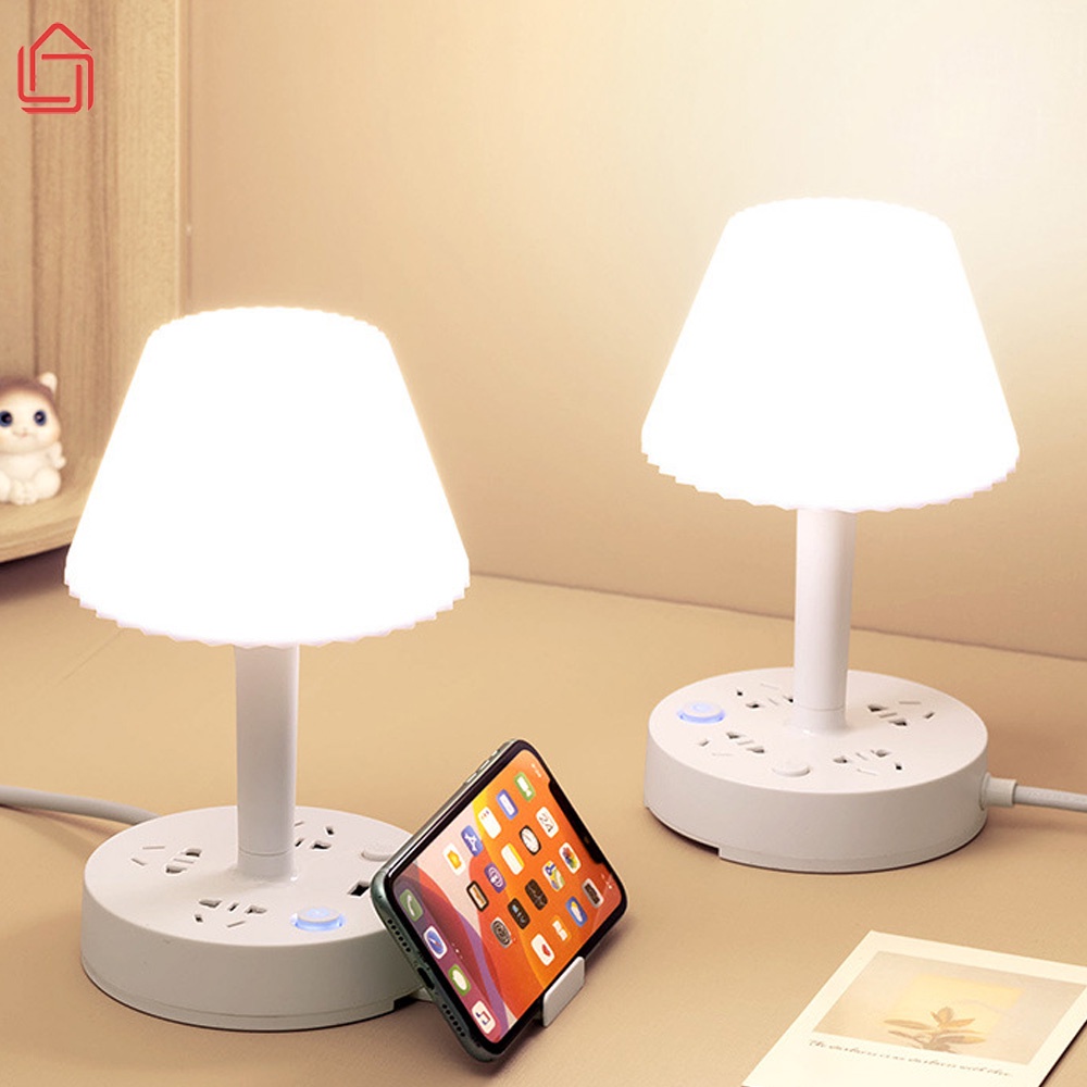 Đèn ngủ để bàn hình nấm, điều chỉnh độ sáng tích hợp ổ cắm điện đa năng có cổng USB tiện lợi