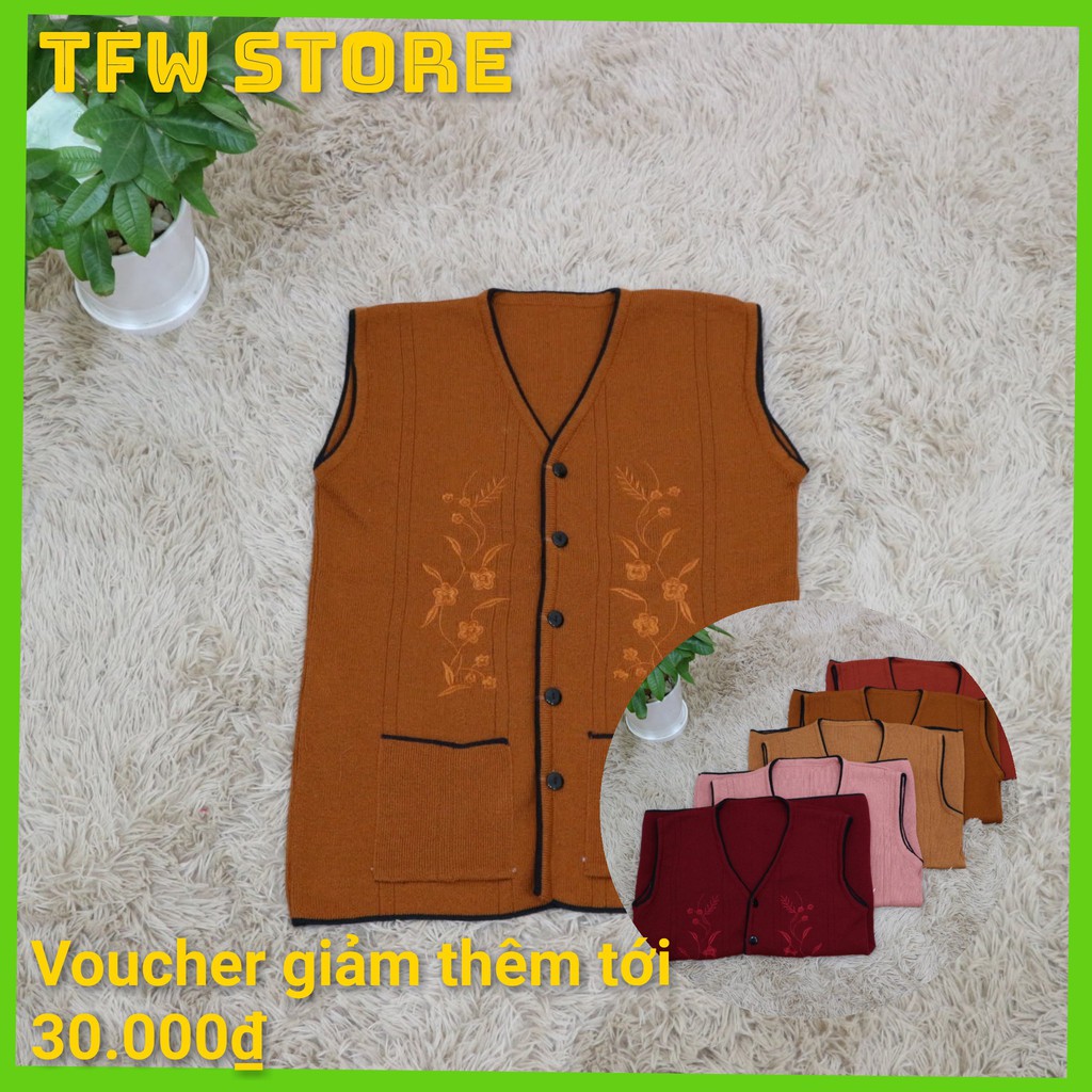 Áo len gile cổ tim thêu hoa mai cho bà, cho mẹ, người thân - Hàng VN