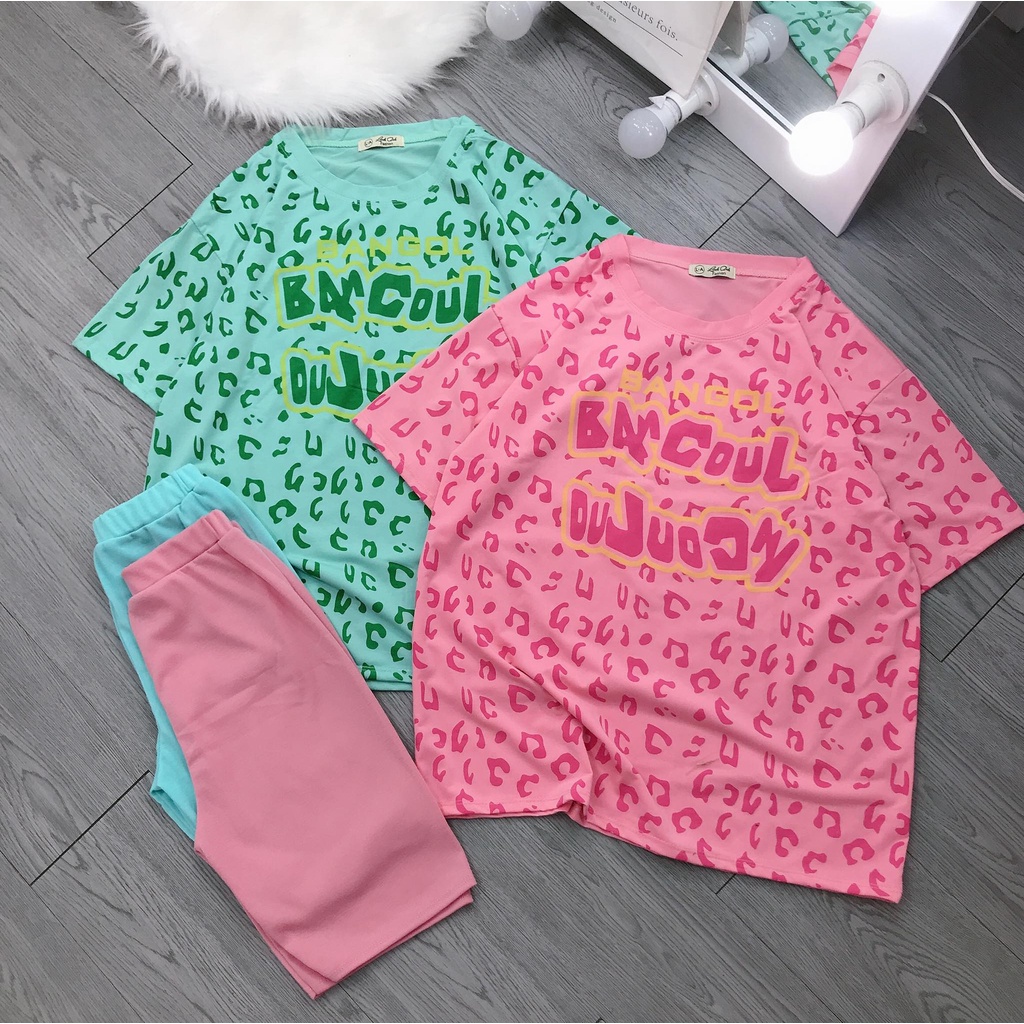 Set áo và quần thun ngố hai màu xanh và hồng cho nữ mặc nhà, mặc đi chơi siêu chất