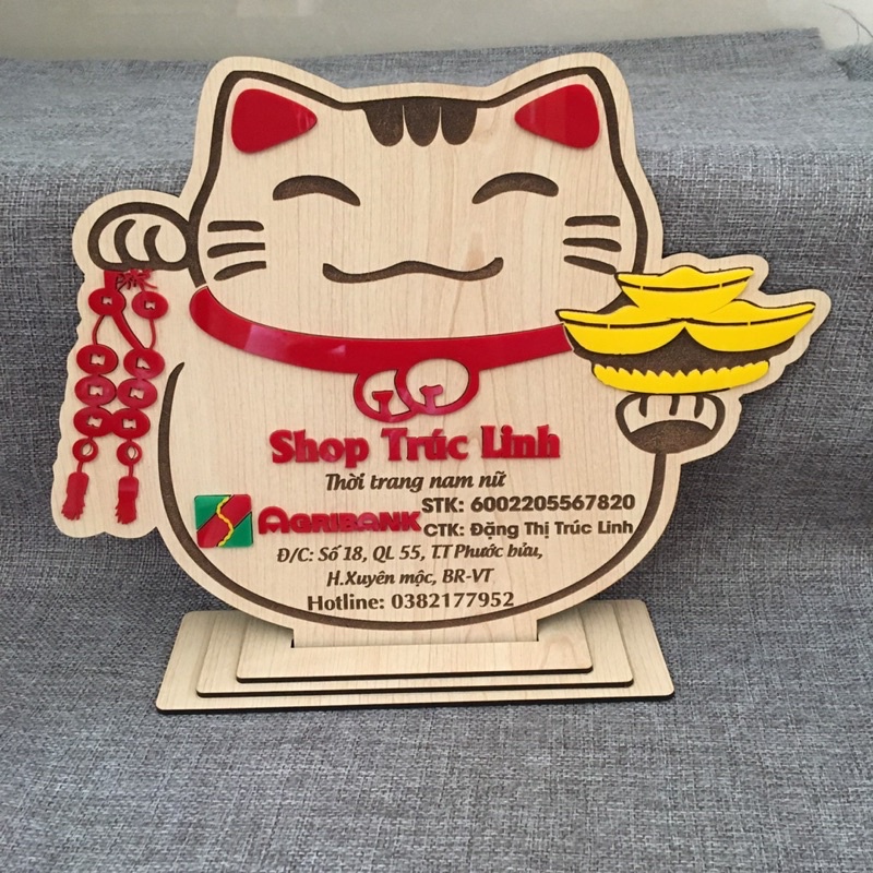 Bảng Gỗ Mèo Thần Tài Tên Shop Thông Tin Số Tài Khoản Ngân Hàng, Mã Qr Code Để Bàn