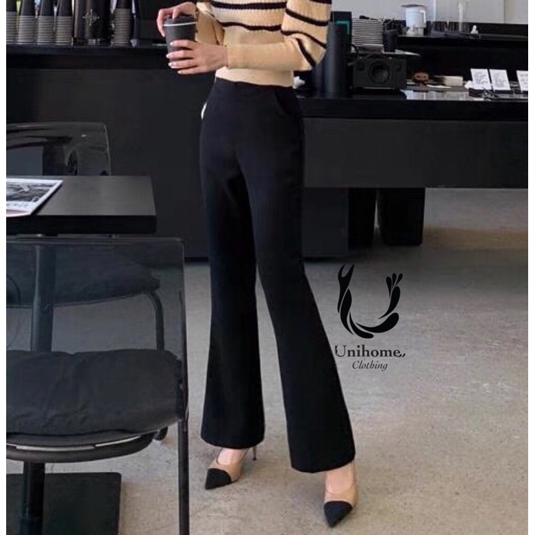 Quần Ống Loe Nữ Cạp Lưng Cao 2 Túi Chất Vải Thun Umi Cao Cấp Co Giãn 4 Chiều Siêu Tôn Dáng Che Khuyết Điểm