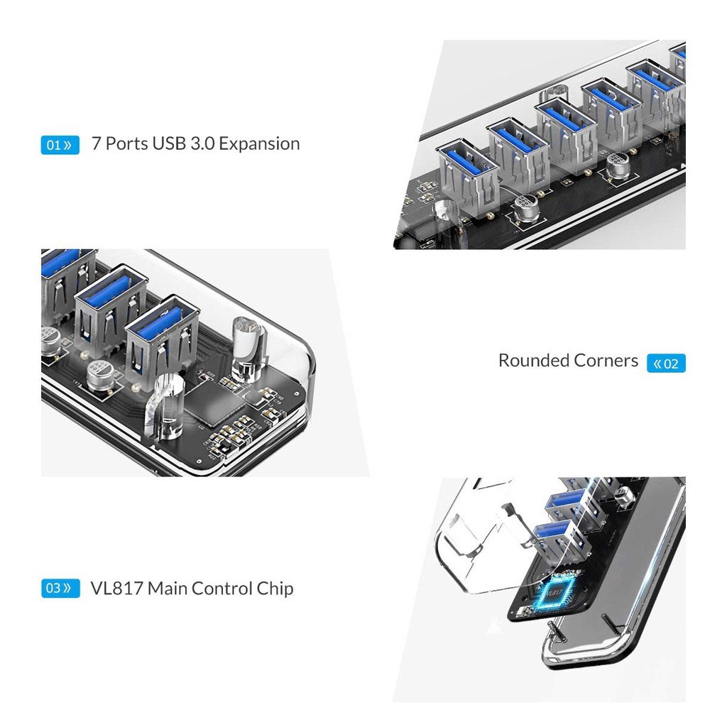 Hub chia 7 cổng USB 3.0 Orico F4U-U3 / F7U-U3-CR TRANSPARENT  Tốc độ truyền 5Gbp Loại trong suốt