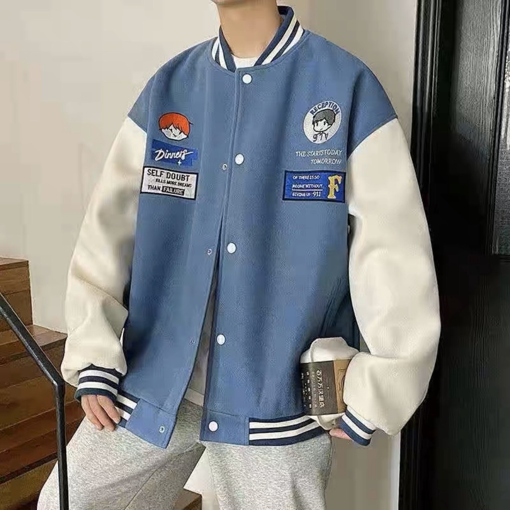 Áo Khoác Bomber Nỉ Form Rộng Unisex ⚡ 𝐅𝐫𝐞𝐞𝐬𝐡𝐢𝐩 ⚡ Áo Bomber bóng chày thêu hình cậu bé phối tay trắng 2 màu đen trắng
