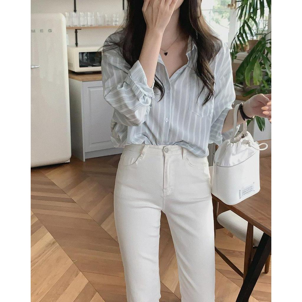 Áo sơ mi Peppermint kẻ sọc dáng rộng dài tay phong cách thời trang Hàn Quốc đơn giản 54663
