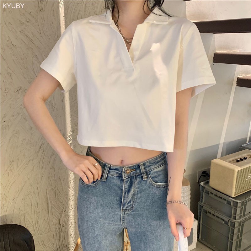 Áo Kiểu Croptop SanJoli Áo Polo Nữ Trắng Trơn tay ngắn sexy Hàn Quốc giá rẻ Jennie Cá tính thể thao AO018 | BigBuy360 - bigbuy360.vn