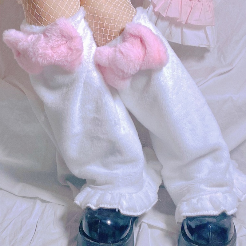 Tất ống chân cao ngang gối lông nhung dày giữ ấm chân đính nơ hồng ngọt ngào phong cách Harajuku Lolita Nhật cho nữ
