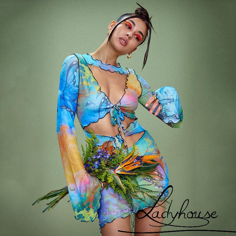 Váy body Tay Dài Cổ Chữ V Khoét Sâu In Họa Tiết Bướm Quyến Rũ Cho Nữ