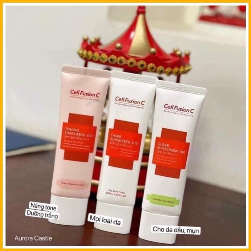 Kem chong nắng CELL FUSHION c laser / c toning suncreen đỏ/xanh