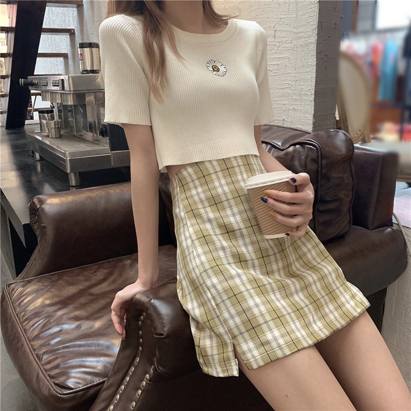 Xiaozhainv Chân váy ngắn chữ A lưng cao xẻ tà họa tiết lưới thời trang Hàn Quốc cổ điển | BigBuy360 - bigbuy360.vn