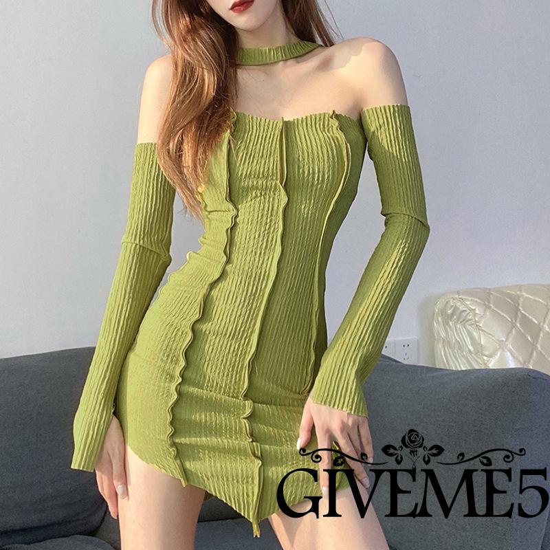 Váy tay GIVEME5 dài tay trễ vai màu trơn có gân cho nữ