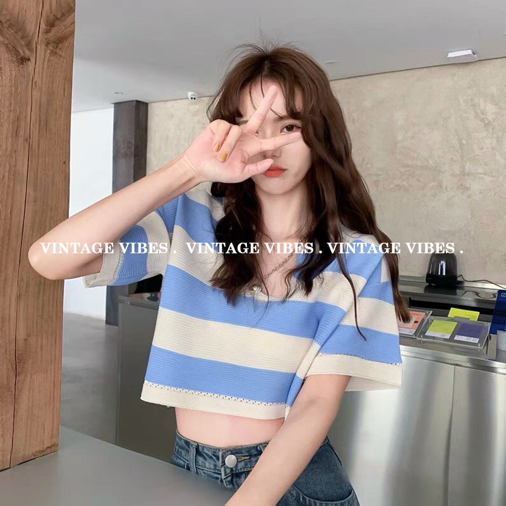 Áo croptop cổ V kẻ ngang ngắn tay Ulzzang (hàng QC) - Ảnh thật cận chất