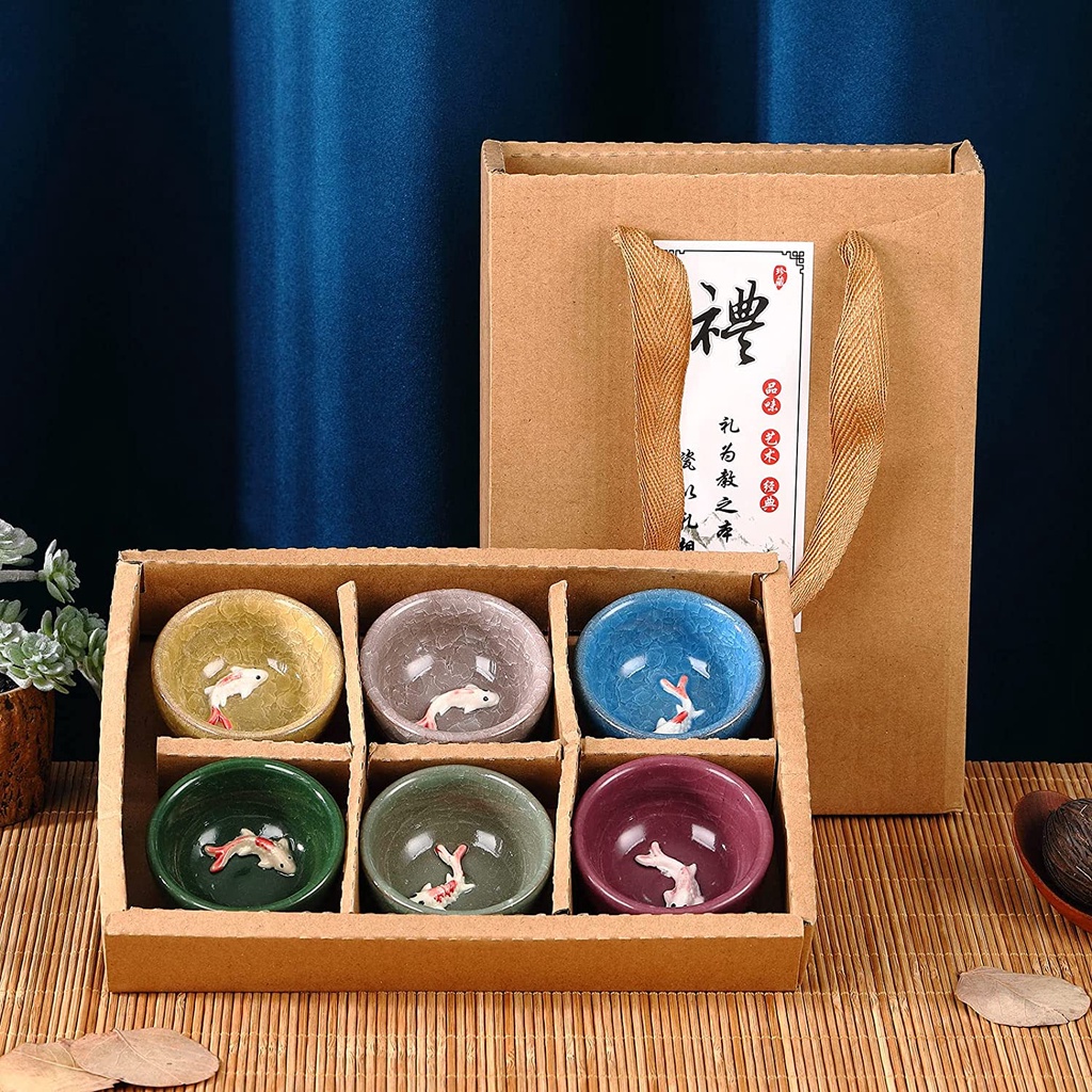 Set 6 Tách Uống Trà Hình Mắt Kính Cá Koi Bằng Sứ Phong Cách Hàn Quốc