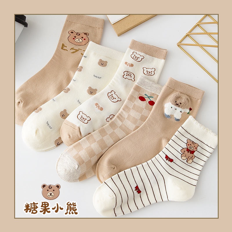 Set tất nữ cổ cao hình gấu nâu dễ thương chất dày dặn