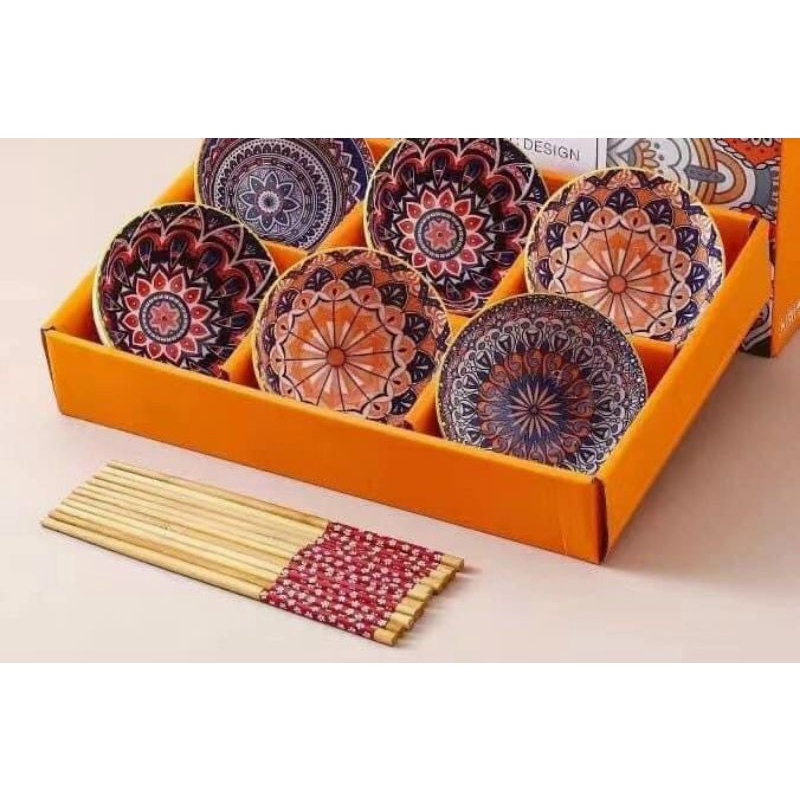 BỘ 6 CHÉN HỌA TIẾT KÈM ĐŨA,giao mẫu ngẫu nhiên,,,