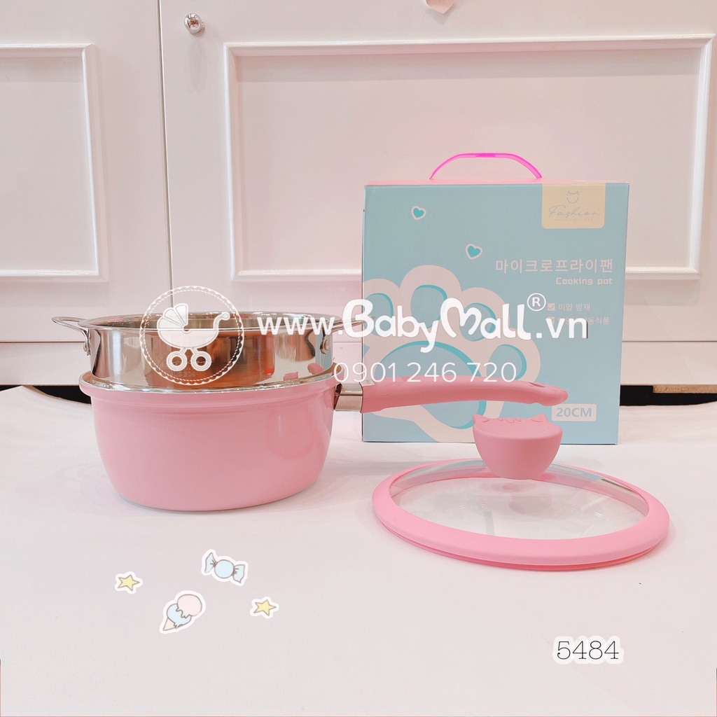Nồi nấu ăn dặm kèm lồng hấp (Fashion-chân mèo) lớp chống dính cao cấp, size 20cm