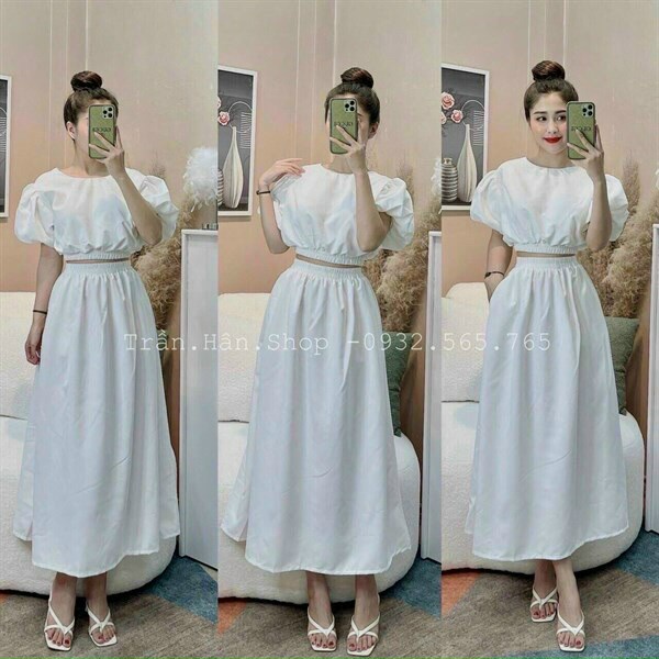 Bộ đồ nữ đi chơi biển dễ thương, set váy dáng dài kèm áo croptop tay phồng kiểu nữ nhẹ nhàng nữ tính