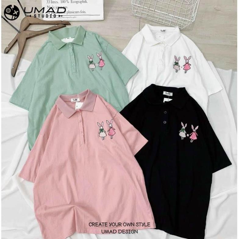 Áo thun polo chất cổ trụ oversize nữ form rộng thêu hình thỏ dễ thương có 4 màu trắng, đen, hồng, xanh