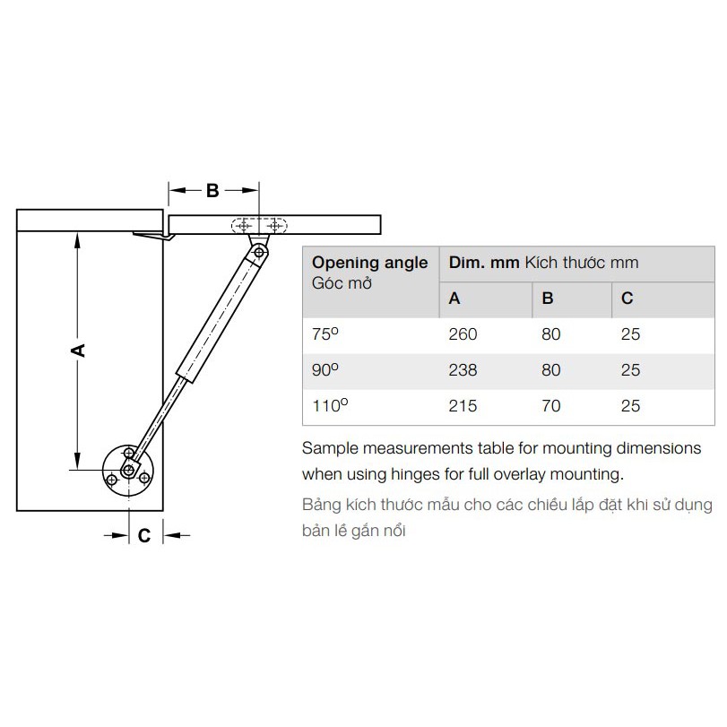 Pittong đẩy cánh tủ Hafele - Lực 80N, 100N, 120N, 150N