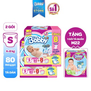 [Tặng 1 Gói Tã Quần M22] Combo 2 Tã Dán Bobby Siêu Thấm - Khô Thoáng S80