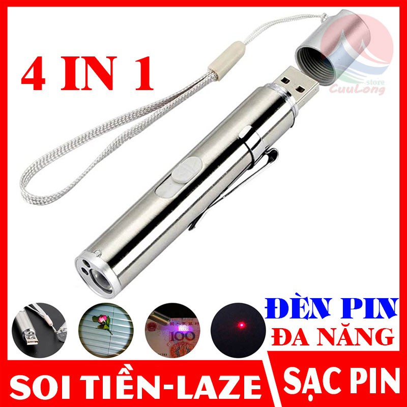 Đèn Pin Đa Năng Kiêm Laser Siêu Sáng Soi Tiền Giả, Có Sạc Pin, Chất Liệu Thép Không Gỉ Bỏ Túi