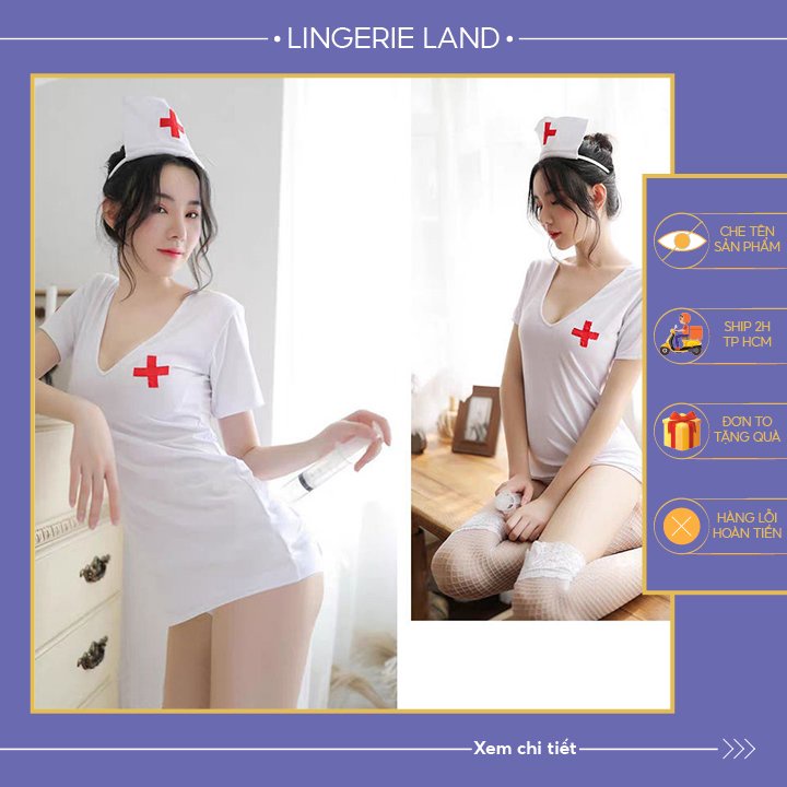 Đồ cosplay y tá sexy gợi cảm set bộ váy nón và quần lọt khe freesize 43-55kg