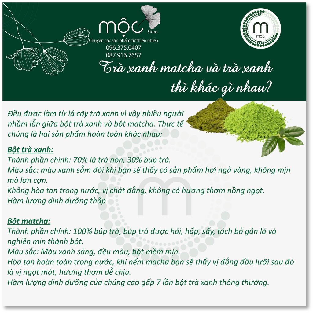 Bột Trà Xanh Matcha Nhật Bản đắp mặt nạ dưỡng da trắng hồng loại bỏ mụn nguyên chất từ thiên nhiên gói 30g MỘC