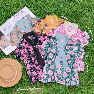 Áo voan hoa tay ngắn cổ cột nơ chất mát cổ cột nơ - jancaroshop