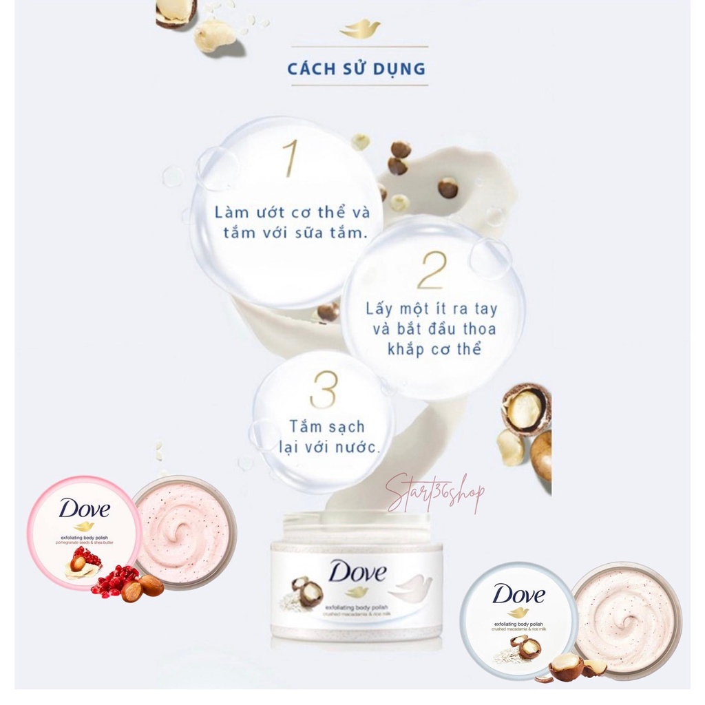 Tẩy tế bào chết body Start36 tẩy da chết Dove da body trắng sáng, mịn màng, giảm mụn, bản Đức 225ml