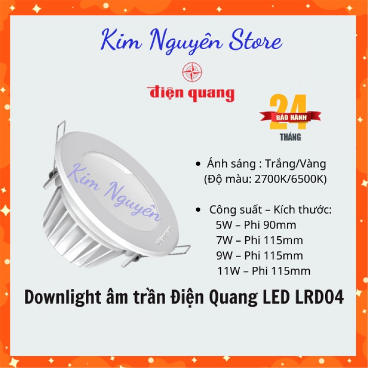 Bộ Đèn Led Downlight Âm Trần Điện Quang Lrd04 Công Suất 5w/7w/9w/11w, Ánh Sáng Trắng/vàng