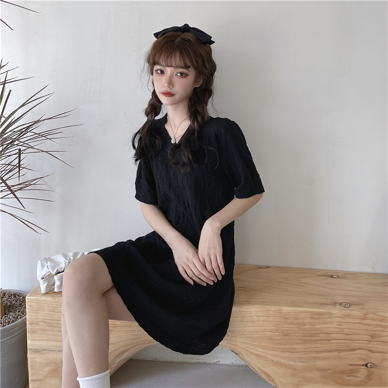 SUXI Đầm midi tay ngắn thiết kế cổ chữ V phong cách trẻ trung