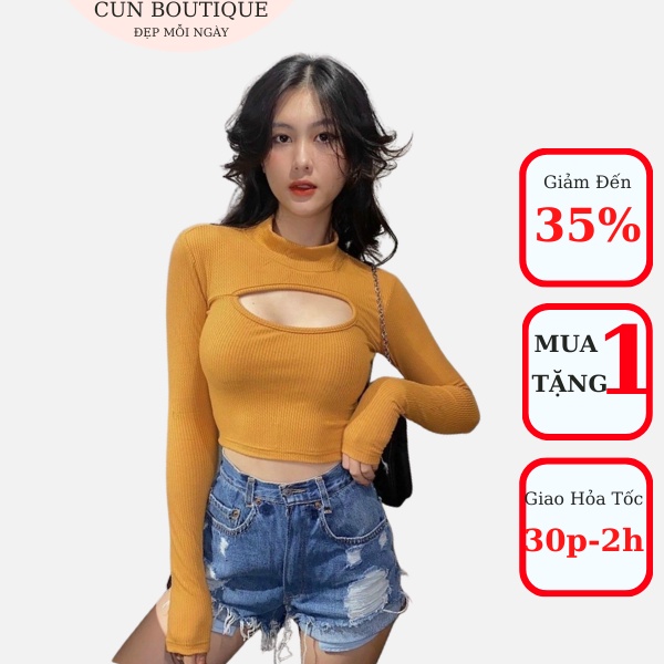 Áo Len Gân croptop A89 tay dài cổ lọ khoét ngực chất liệu cotton onesize dưới 55kg mặc đi chơi dạo phố