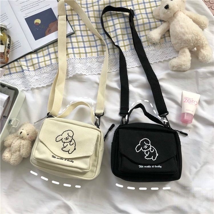 Túi canvas đeo chéo thêu hình cún phong cách Harajuku Nhật Bản đáng yêu cho nữ