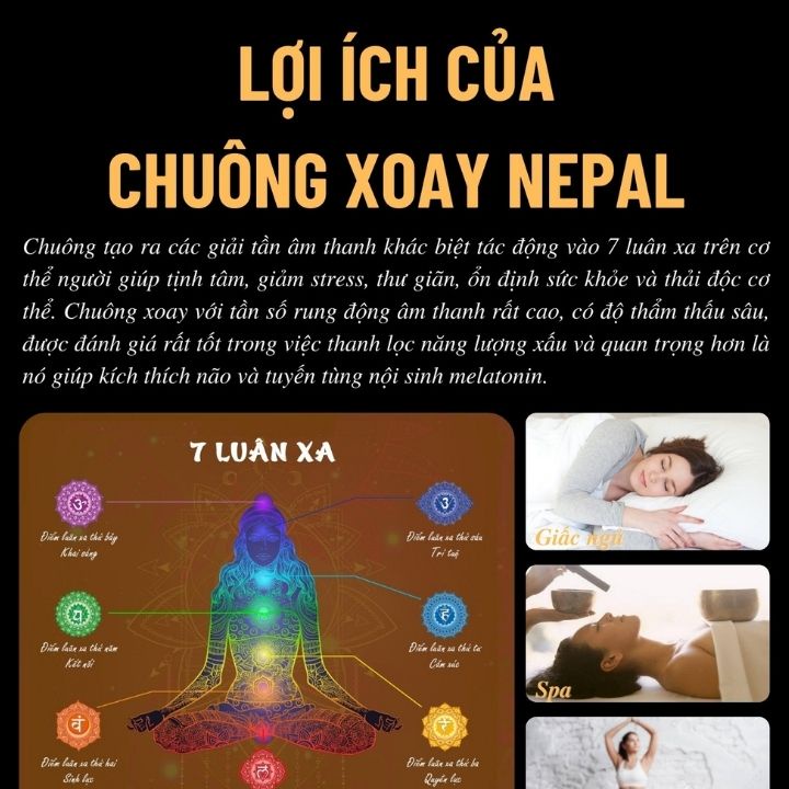 Chuông bát xoay Nepal Tây Tạng đường kính 8 - 17.5cm kèm dùi mộc