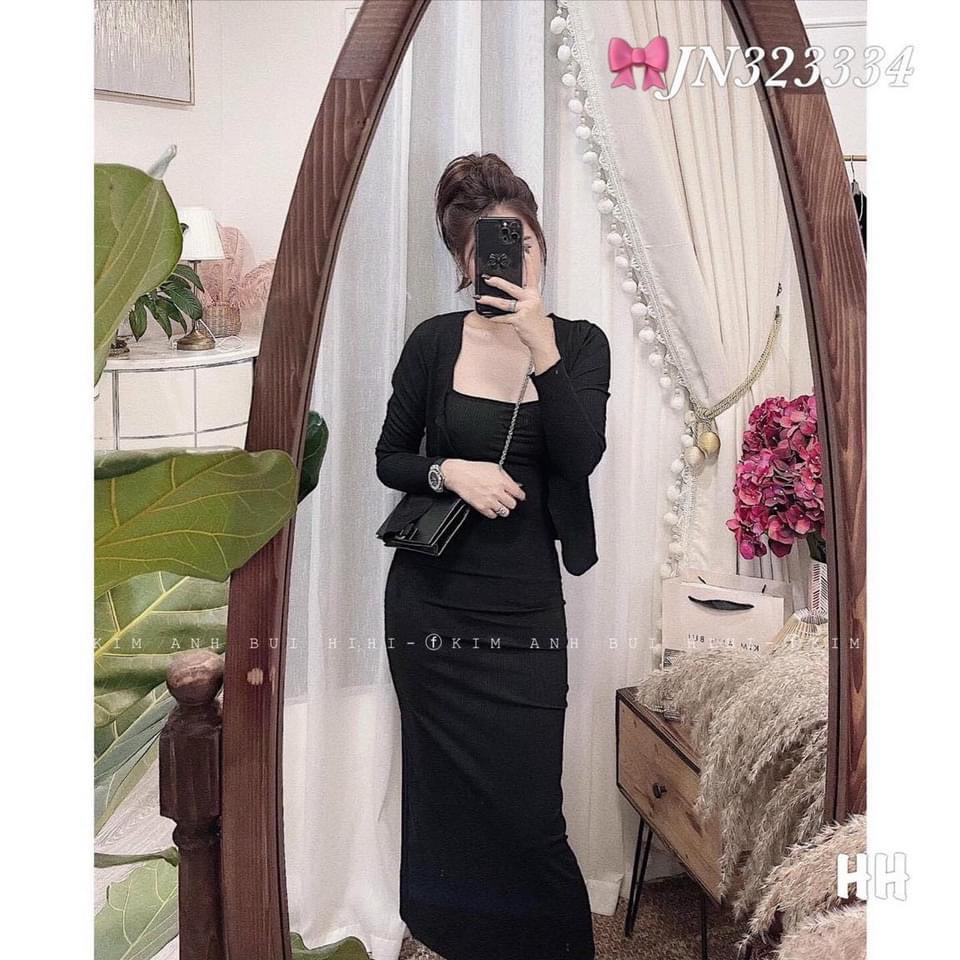 Set đầm body hai dây dáng dài kèm áo khoác chất thun mềm mịn mặc đi chơi, đi tiệc hay đi làm đều đẹp