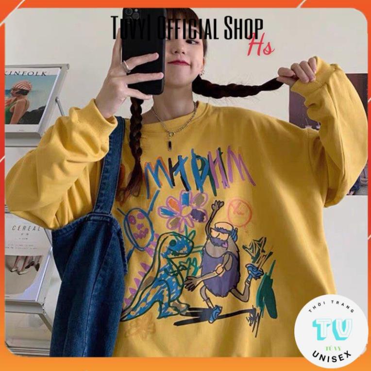 Áo nỉ nam nữ unisex TUVYSHOP Áo Sweater in khủng long Bom trần bông dày ấm 2 màu vàng xanh