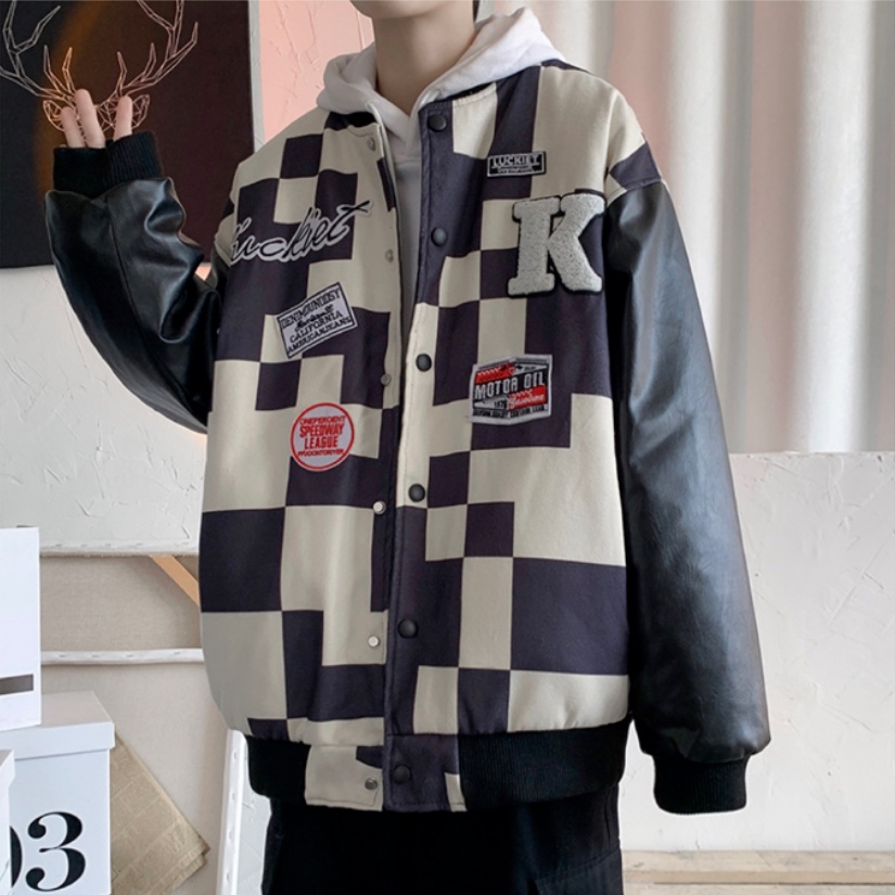 Áo Khoác bomber Một Hàng Nút Tay Dài Dáng Rộng Họa Tiết Caro Đơn Giản Thời Trang Phong Cách Hàn Quốc Cho Nam Và Nữ