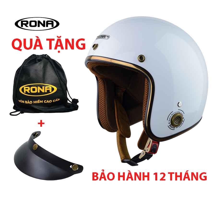 Mũ bảo hiểm 3/4 RONA màu trắng bóng chính hãng, bảo hành 12 tháng, freeship toàn quốc