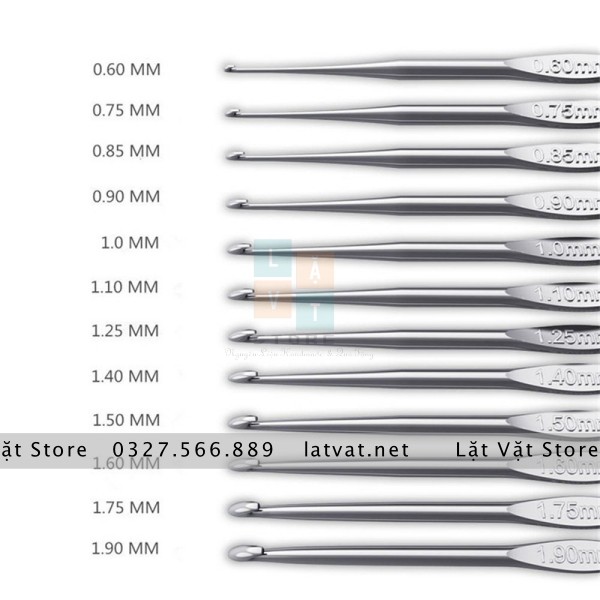 12 size Móc len sắt màu trắng, chuyên dùng để móc ren, sợi chỉ lựa chọn từ 0,6 đến 1,9 mm - Crochet Hook