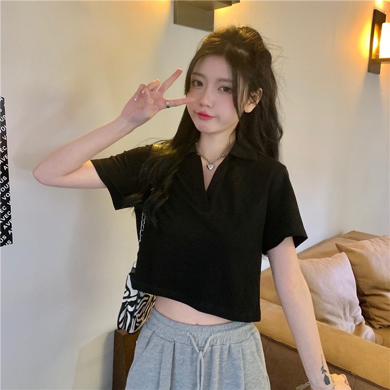 Áo Croptop Cổ Bẻ Nữ, Áo Cổ Bẻ Cộc Tay Dáng Ngắn Cho Nữ HiMie