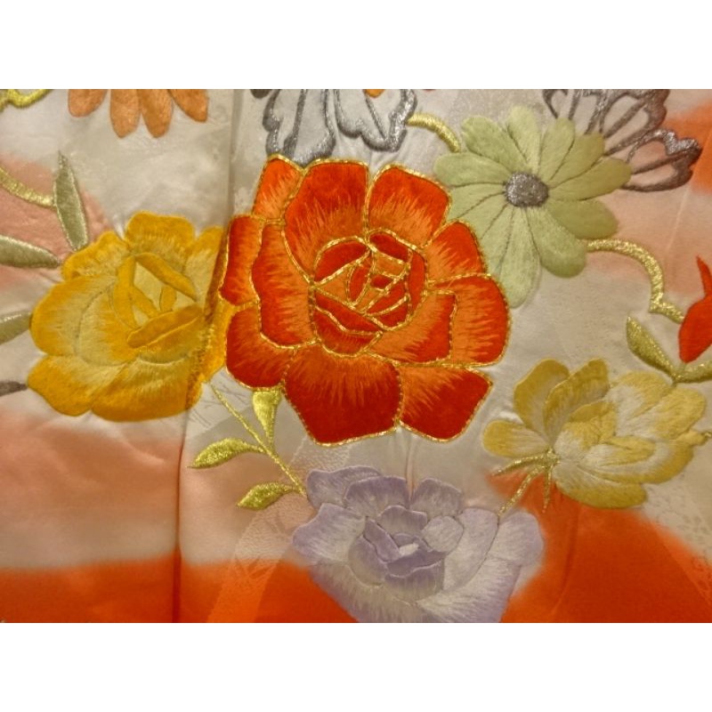 Antique Furisode Kimono Nhật Bản - Floral Plants and Mist embroidery - Hoa văn cây hoa và sương