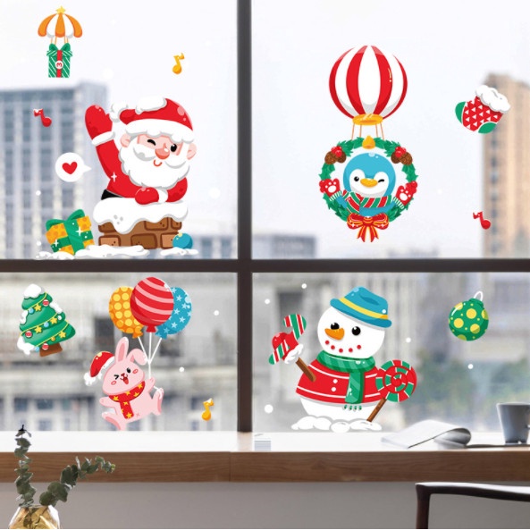 Decal dán tường Noel Hít Tĩnh Điện không Dơ Kính - Noel leo ống khói cùng người tuyết