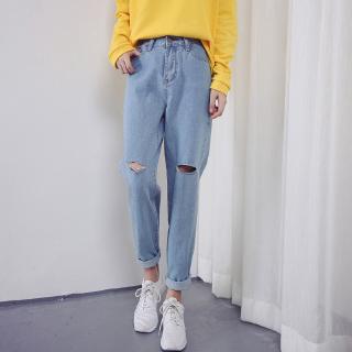 Quần baggy nữ jean rách gối cao cấp